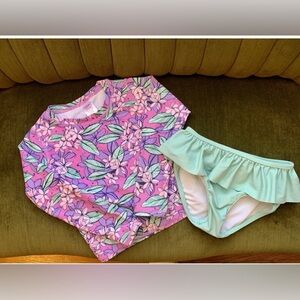 Ruffle Butts Girls 4T Pink and Green Floral LS RashGuard swimsuit